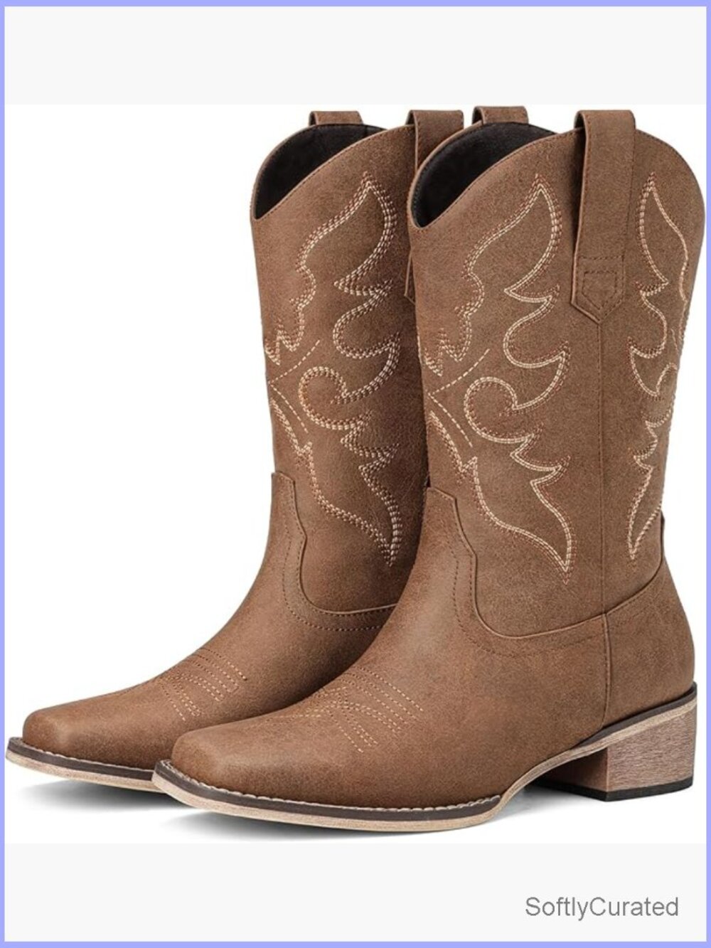Women's Square Toe Western Cowboy Boots Mid Calf Embroidery Chunky Heel Pull On